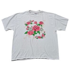 Vintage 90's Pink Rose Flower Nature Art Short Sleeve Tee Shirt T-Shirt